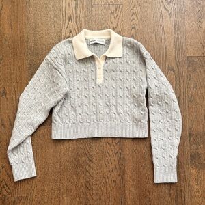 Bershka Cable Knit Collared Sweater - Gray and Cream